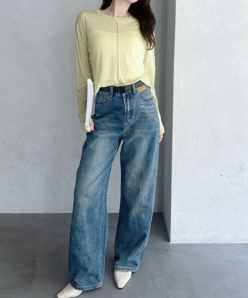 umune(ウムネ)の「シアーTシャツ 長袖 リヨセル テンセル混 無地 透け感 カットソー プルオーバー インナー 重ね着 トップス 夏(Tシャツ/カットソー・レディース・ライム/モカ/杢グレー・FREE)」の12枚目の写真