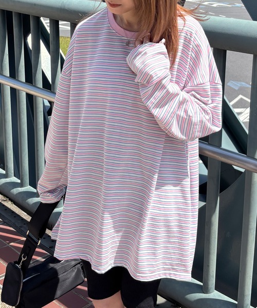 ISOOK(アイスー)の「【ISOOK / アイスー】マルチボーダーロンT / Tシャツ ビッグシルエット ルーズ 長袖 クルーネック 細ボーダー カラー ZOZOTOWN限定(Tシャツ/カットソー・レディース・グレー/グリーン/ピンク・FREE)」の1枚目の写真