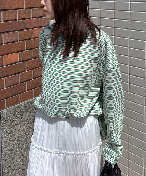 ISOOK(アイスー)の「【ISOOK / アイスー】マルチボーダーロンT / Tシャツ ビッグシルエット ルーズ 長袖 クルーネック 細ボーダー カラー ZOZOTOWN限定(Tシャツ/カットソー・レディース・グレー/グリーン/ピンク・FREE)」の9枚目の写真