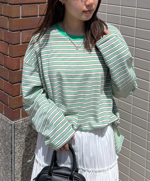 ISOOK(アイスー)の「【ISOOK / アイスー】マルチボーダーロンT / Tシャツ ビッグシルエット ルーズ 長袖 クルーネック 細ボーダー カラー ZOZOTOWN限定(Tシャツ/カットソー・レディース・グレー/グリーン/ピンク・FREE)」の11枚目の写真