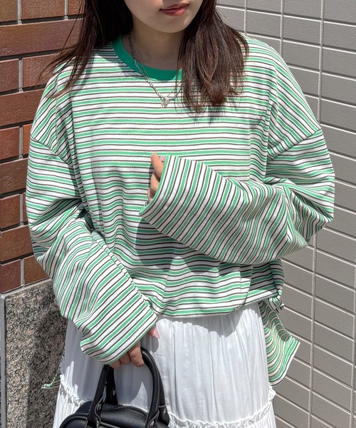 ISOOK(アイスー)の「【ISOOK / アイスー】マルチボーダーロンT / Tシャツ ビッグシルエット ルーズ 長袖 クルーネック 細ボーダー カラー ZOZOTOWN限定(Tシャツ/カットソー・レディース・グレー/グリーン/ピンク・FREE)」の12枚目の写真