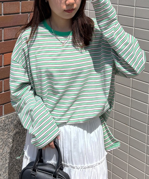 ISOOK(アイスー)の「【ISOOK / アイスー】マルチボーダーロンT / Tシャツ ビッグシルエット ルーズ 長袖 クルーネック 細ボーダー カラー ZOZOTOWN限定(Tシャツ/カットソー・レディース・グレー/グリーン/ピンク・FREE)」の13枚目の写真