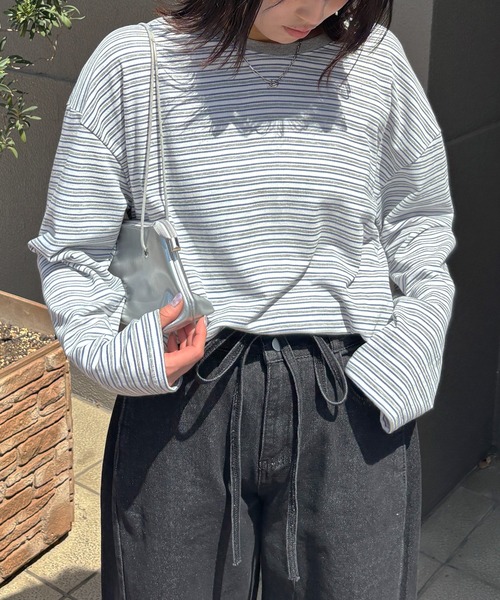 ISOOK(アイスー)の「【ISOOK / アイスー】マルチボーダーロンT / Tシャツ ビッグシルエット ルーズ 長袖 クルーネック 細ボーダー カラー ZOZOTOWN限定(Tシャツ/カットソー・レディース・グレー/グリーン/ピンク・FREE)」の21枚目の写真