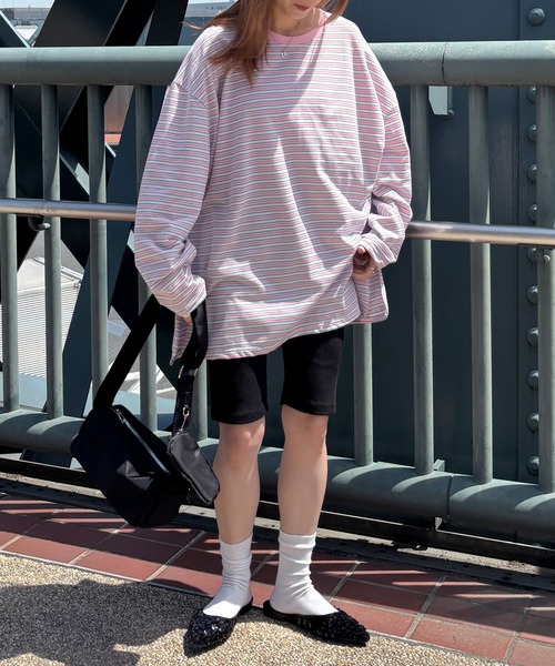 ISOOK(アイスー)の「【ISOOK / アイスー】マルチボーダーロンT / Tシャツ ビッグシルエット ルーズ 長袖 クルーネック 細ボーダー カラー ZOZOTOWN限定(Tシャツ/カットソー・レディース・グレー/グリーン/ピンク・FREE)」の4枚目の写真