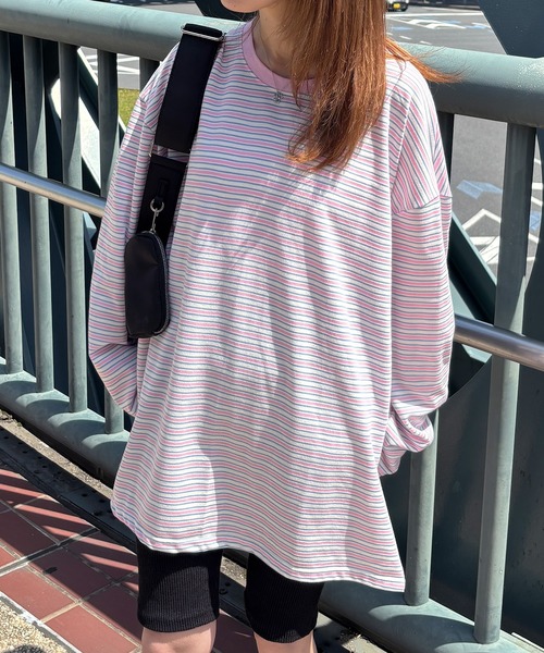ISOOK(アイスー)の「【ISOOK / アイスー】マルチボーダーロンT / Tシャツ ビッグシルエット ルーズ 長袖 クルーネック 細ボーダー カラー ZOZOTOWN限定(Tシャツ/カットソー・レディース・グレー/グリーン/ピンク・FREE)」の5枚目の写真