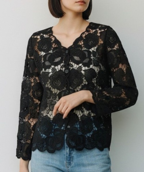 Human 2nd Occasion(ヒューマンセカンドオケージョン)の「スカラップ レース ジャケット(ノーカラージャケット・レディース・ブラック/オフホワイト・M)」の2枚目の写真