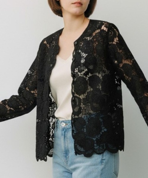 Human 2nd Occasion(ヒューマンセカンドオケージョン)の「スカラップ レース ジャケット(ノーカラージャケット・レディース・ブラック/オフホワイト・M)」の9枚目の写真