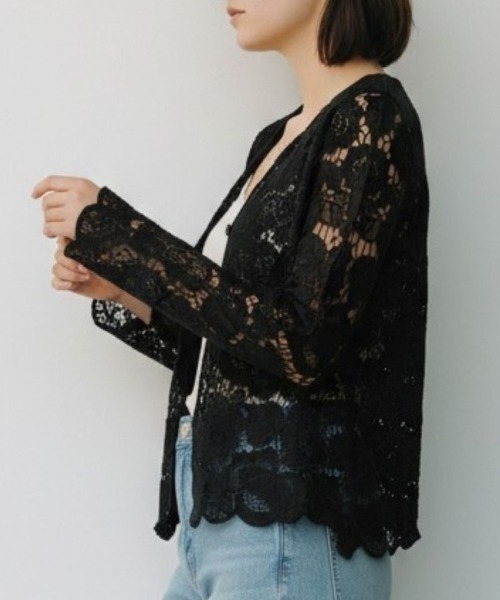 Human 2nd Occasion(ヒューマンセカンドオケージョン)の「スカラップ レース ジャケット(ノーカラージャケット・レディース・ブラック/オフホワイト・M)」の8枚目の写真