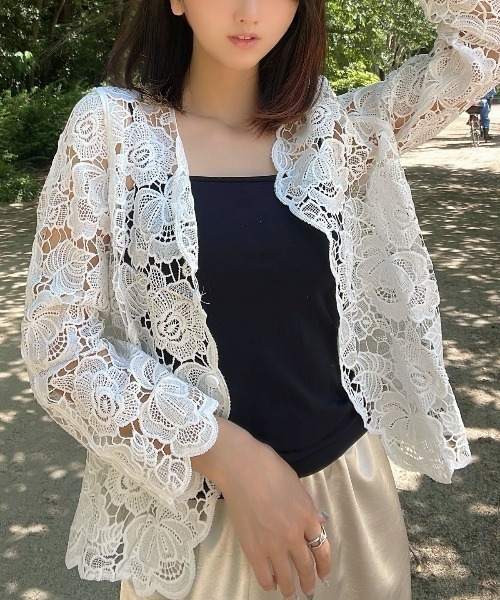 Human 2nd Occasion(ヒューマンセカンドオケージョン)の「スカラップ レース ジャケット(ノーカラージャケット・レディース・ブラック/オフホワイト・M)」の16枚目の写真