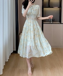 フラワー柄 シフォン ウエストマーク ワンピース