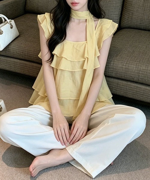 AMAJI(アマジ)の「フリル袖 スクエアネック トップス(Tシャツ/カットソー・レディース・ライトブルー/ホワイト/イエロー・SMALL/MEDIUM/LARGE)」の9枚目の写真