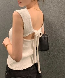 バックオープン リボン付き ニットトップス