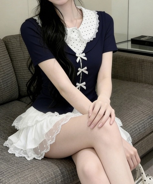 leune(ルネ)の「ドットブラウスレイヤード風フロントリボン半袖トップス(Tシャツ/カットソー・レディース・ブルー/グレー/ネイビー・FREE)」の2枚目の写真