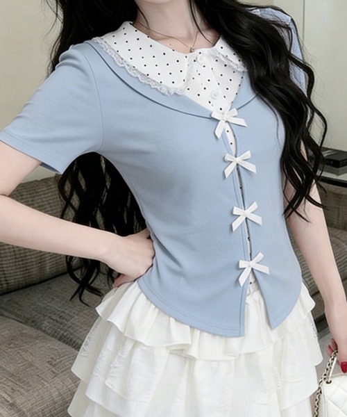 leune(ルネ)の「ドットブラウスレイヤード風フロントリボン半袖トップス(Tシャツ/カットソー・レディース・ブルー/グレー/ネイビー・FREE)」の4枚目の写真