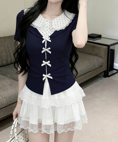 leune(ルネ)の「ドットブラウスレイヤード風フロントリボン半袖トップス(Tシャツ/カットソー・レディース・ブルー/グレー/ネイビー・FREE)」の8枚目の写真