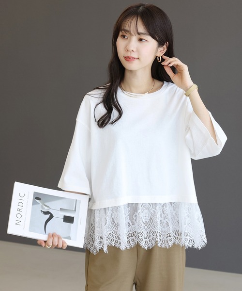 Aletta vita(アレッタビータ)の「綿天竺xレースレイヤードプルオーバー(Tシャツ/カットソー・レディース・オフホワイト/ブラック・M)」の5枚目の写真
