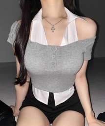 ※※【 2color 】シャツレイヤードヘンリーネックカットアウトトップス / shirt layered henlyneck cutout tops