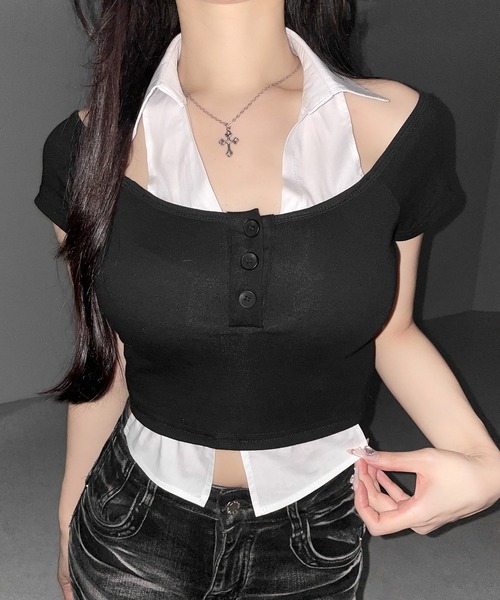 me+em select(ミームセレクト)の「※※【 2color 】シャツレイヤードヘンリーネックカットアウトトップス / shirt layered henlyneck cutout tops(その他トップス・レディース・グレー/ブラック・FREE)」の2枚目の写真