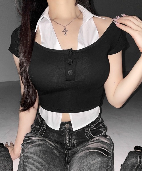 me+em select(ミームセレクト)の「※※【 2color 】シャツレイヤードヘンリーネックカットアウトトップス / shirt layered henlyneck cutout tops(その他トップス・レディース・グレー/ブラック・FREE)」の8枚目の写真