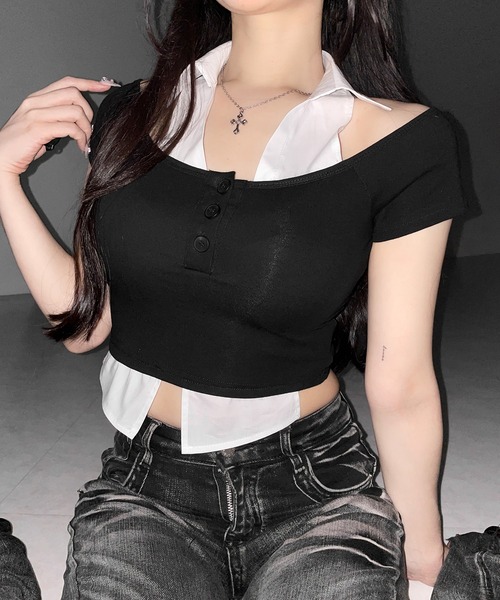 me+em select(ミームセレクト)の「※※【 2color 】シャツレイヤードヘンリーネックカットアウトトップス / shirt layered henlyneck cutout tops(その他トップス・レディース・グレー/ブラック・FREE)」の9枚目の写真