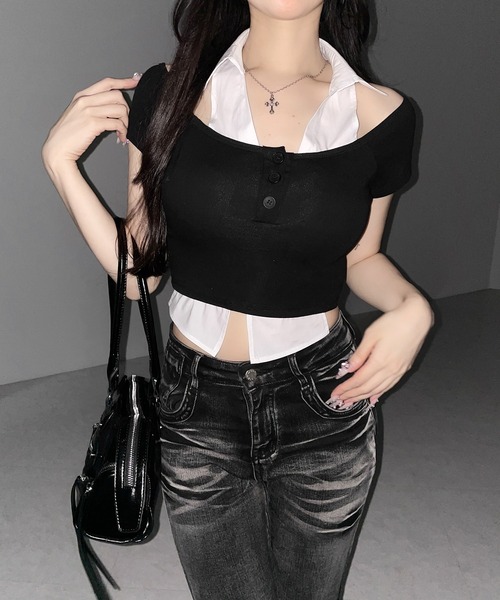 me+em select(ミームセレクト)の「※※【 2color 】シャツレイヤードヘンリーネックカットアウトトップス / shirt layered henlyneck cutout tops(その他トップス・レディース・グレー/ブラック・FREE)」の12枚目の写真