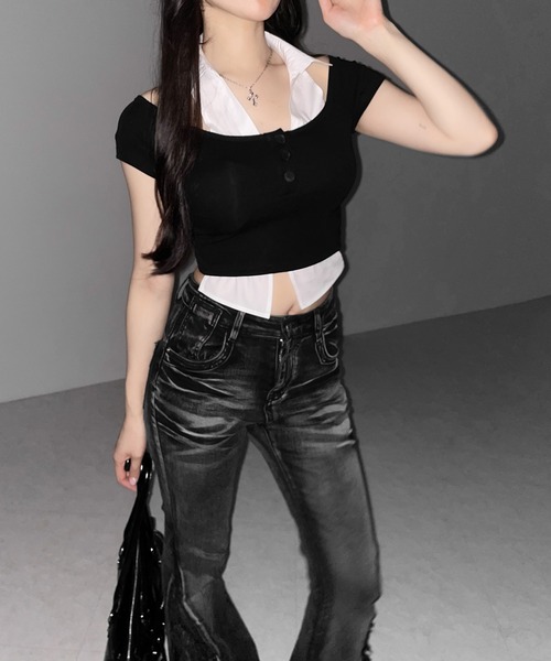 me+em select(ミームセレクト)の「※※【 2color 】シャツレイヤードヘンリーネックカットアウトトップス / shirt layered henlyneck cutout tops(その他トップス・レディース・グレー/ブラック・FREE)」の13枚目の写真