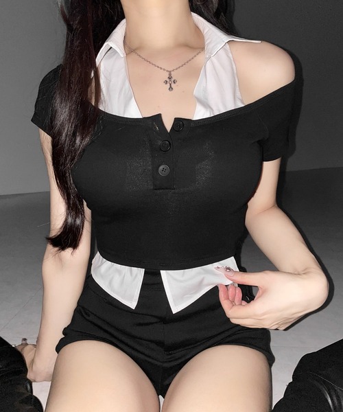 me+em select(ミームセレクト)の「※※【 2color 】シャツレイヤードヘンリーネックカットアウトトップス / shirt layered henlyneck cutout tops(その他トップス・レディース・グレー/ブラック・FREE)」の16枚目の写真
