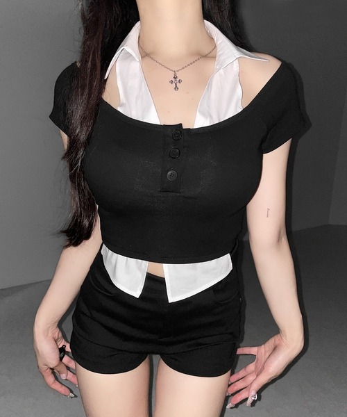 me+em select(ミームセレクト)の「※※【 2color 】シャツレイヤードヘンリーネックカットアウトトップス / shirt layered henlyneck cutout tops(その他トップス・レディース・グレー/ブラック・FREE)」の18枚目の写真