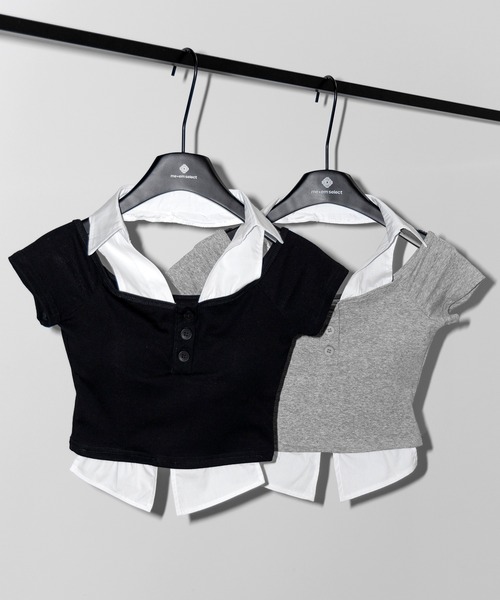 me+em select(ミームセレクト)の「※※【 2color 】シャツレイヤードヘンリーネックカットアウトトップス / shirt layered henlyneck cutout tops(その他トップス・レディース・グレー/ブラック・FREE)」の3枚目の写真