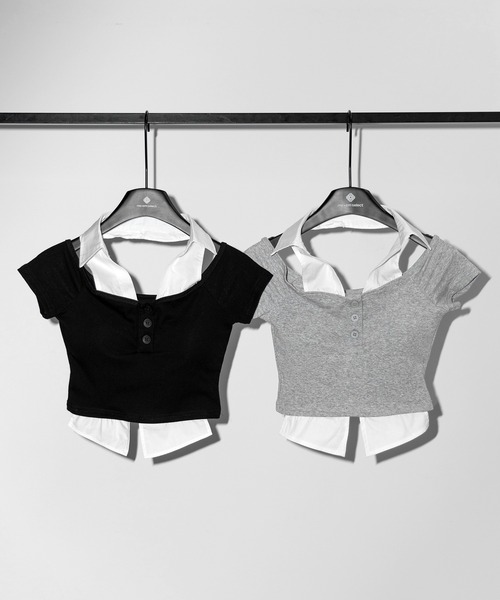 me+em select(ミームセレクト)の「※※【 2color 】シャツレイヤードヘンリーネックカットアウトトップス / shirt layered henlyneck cutout tops(その他トップス・レディース・グレー/ブラック・FREE)」の4枚目の写真