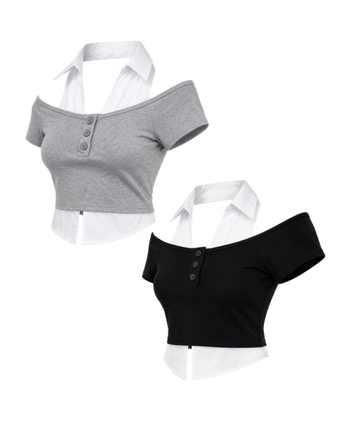 me+em select(ミームセレクト)の「※※【 2color 】シャツレイヤードヘンリーネックカットアウトトップス / shirt layered henlyneck cutout tops(その他トップス・レディース・グレー/ブラック・FREE)」の5枚目の写真