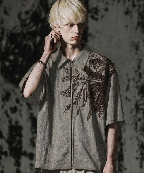 NO ID.】Art Stitch ZIP SH BLZ / アート ステッチ ジップ シャツ