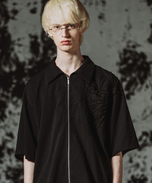 NO ID.】Art Stitch ZIP SH BLZ / アート ステッチ ジップ シャツ