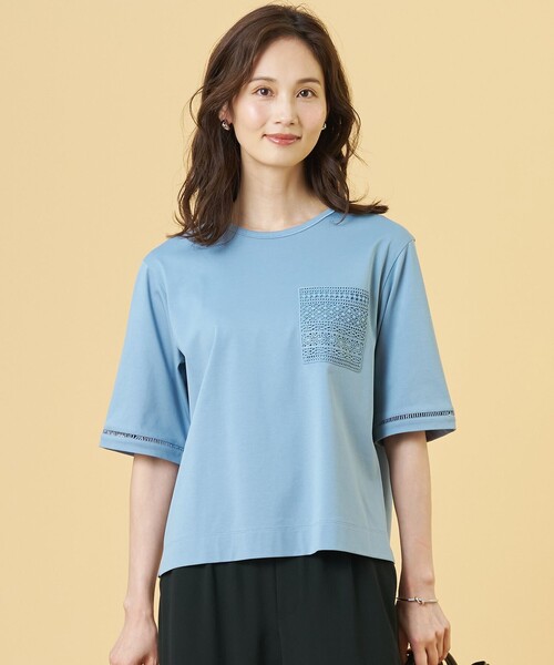 J.PRESS(ジェイプレス)の「【一枚で着映え】レーシーコンビ ポケットデザイン カットソー(Tシャツ/カットソー・レディース・ベージュ系/ホワイト系/スカイブルー系/ネイビー系・T13/T15)」の3枚目の写真