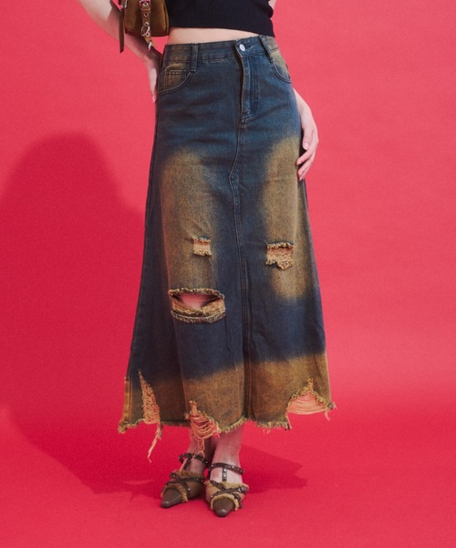 GAB GAB(ガブガブ)の「Grunge Wash Denim Skirt/グランジウォッシュデニムスカート(スカート・レディース・ブルー・SMALL/LARGE/MEDIUM)」の1枚目の写真