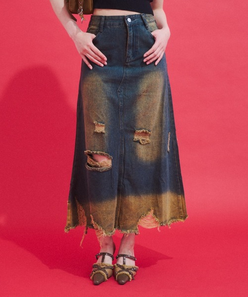 GAB GAB(ガブガブ)の「Grunge Wash Denim Skirt/グランジウォッシュデニムスカート(スカート・レディース・ブルー・SMALL/LARGE/MEDIUM)」の6枚目の写真