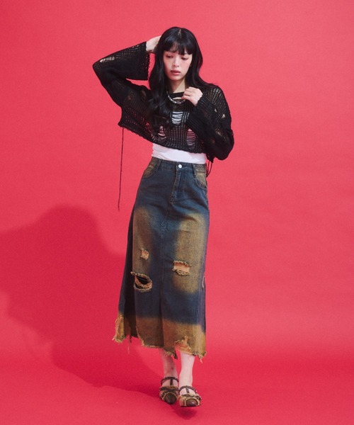 GAB GAB(ガブガブ)の「Grunge Wash Denim Skirt/グランジウォッシュデニムスカート(スカート・レディース・ブルー・SMALL/LARGE/MEDIUM)」の9枚目の写真