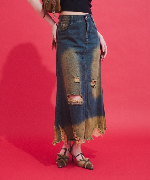 GAB GAB(ガブガブ)の「Grunge Wash Denim Skirt/グランジウォッシュデニムスカート(スカート・レディース・ブルー・SMALL/LARGE/MEDIUM)」の7枚目の写真