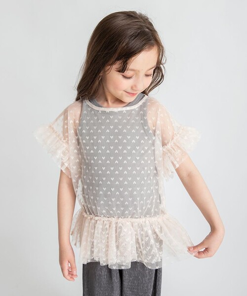 BRANSHES(ブランシェス)の「【プチレディ】ハート柄チュールトップスセット(Tシャツ/カットソー・キッズ・ピンク/ブラック・150/130/120/90/110/140/100)」の2枚目の写真