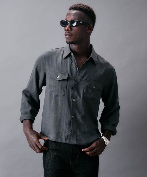 ANDER HUNK(アンダーハンク)の「Linen Blend Croped LS Shirt/リネンブレンドクロップドロングスリーブシャツ(シャツ/ブラウス・メンズ・ピンク/カーキ/グレー・LARGE/MEDIUM)」の4枚目の写真