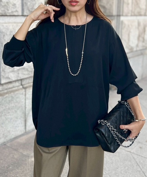 Emma Taylor(エマテイラー)の「【オンにもオフにも】ジョーゼットフロント2wayステッチワークプルオーバー(Tシャツ/カットソー・レディース・ネイビー/ブラック/ホワイト/ベージュ・FREE)」の9枚目の写真