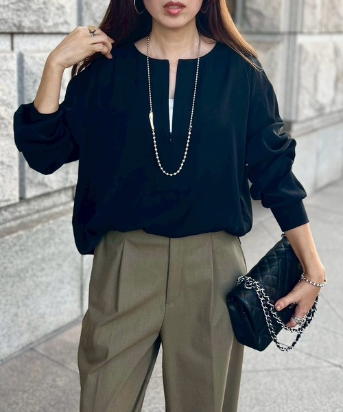 Emma Taylor(エマテイラー)の「【オンにもオフにも】ジョーゼットフロント2wayステッチワークプルオーバー(Tシャツ/カットソー・レディース・ネイビー/ブラック/ホワイト/ベージュ・FREE)」の14枚目の写真