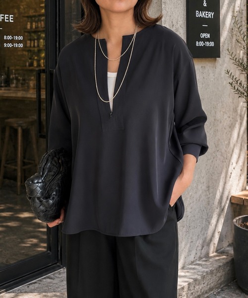 Emma Taylor(エマテイラー)の「【オンにもオフにも】ジョーゼットフロント2wayステッチワークプルオーバー(Tシャツ/カットソー・レディース・ネイビー/ブラック/ホワイト/ベージュ・FREE)」の17枚目の写真