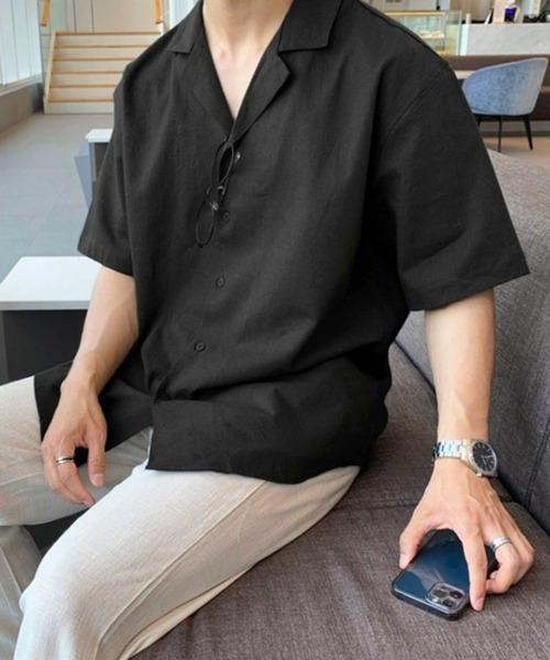 NOWLE(ノウル)の「【NOWLE】ルーズシルエット オープンカラー 半袖シャツ / 開襟 ショートスリーブシャツ(シャツ/ブラウス・メンズ・ブラック・X-LARGE/LARGE)」の1枚目の写真
