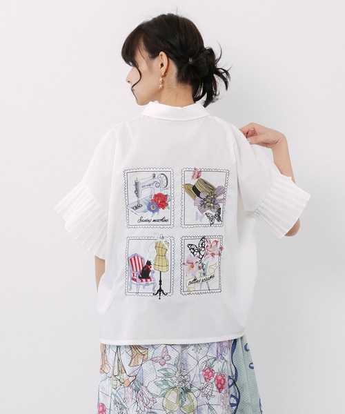 ScoLar(スカラー)の「562234:デザイナーの日常柄刺繍 袖プリーツ付きシャツ(シャツ/ブラウス・レディース・オフホワイト/ピンク/ブラック・M)」の7枚目の写真