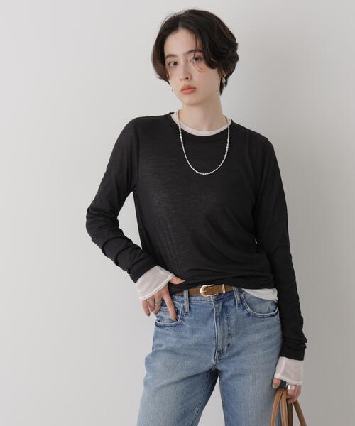 NANO universe(ナノユニバース)の「シアーテレコ&天竺ロンTeeセット(Tシャツ/カットソー・レディース・ブラック/ブラウン/レッド・FREE)」の5枚目の写真