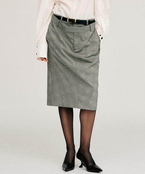 PRANK PROJECT(プランクプロジェクト)の「【2026Autumn Pre-Order】ダブルウエストドレープミディスカート / Double-Waist Drape Midi Skirt(スカート・レディース・グレー/マルチ・38/36)」の2枚目の写真