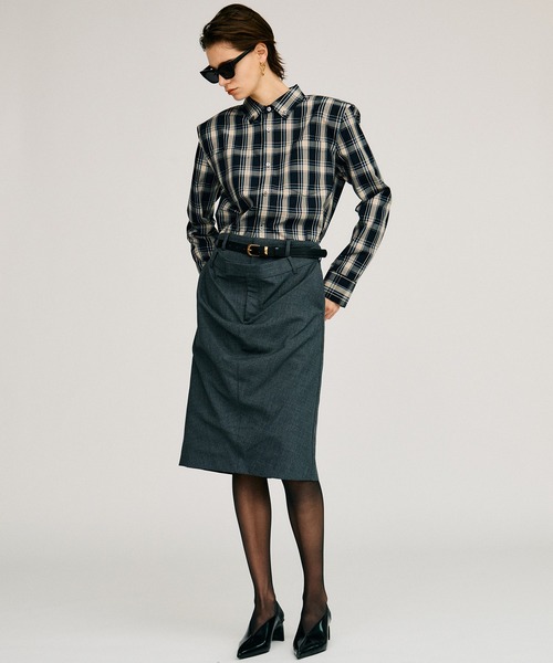 PRANK PROJECT(プランクプロジェクト)の「【2026Autumn Pre-Order】ダブルウエストドレープミディスカート / Double-Waist Drape Midi Skirt(スカート・レディース・グレー/マルチ・38/36)」の7枚目の写真