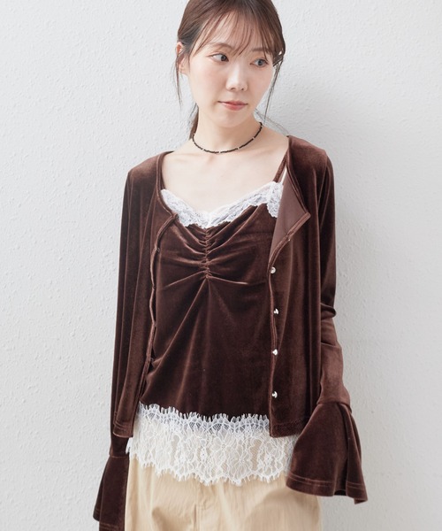 archives(アルシーヴ)の「レーストリムベロアアンサンブル(Tシャツ/カットソー・レディース・ブラウン/ピンクベージュ/ブラック・MEDIUM)」の1枚目の写真