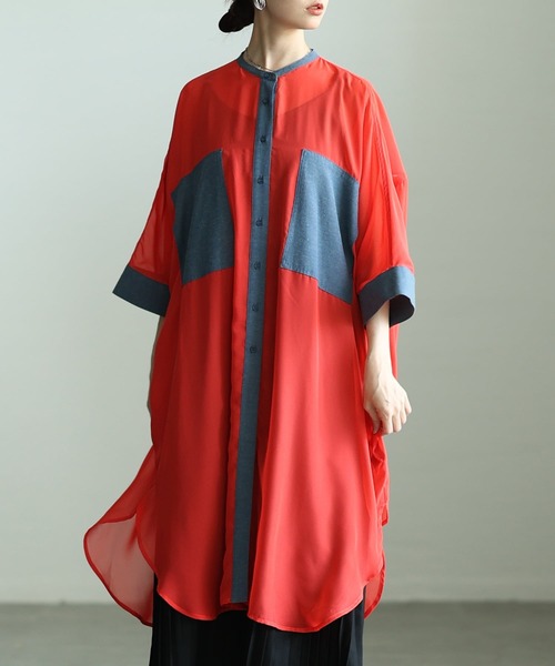 Sawa a la mode（サワアラモード）の「配色切り替えシアーロングシャツ（シャツ/ブラウス・レディース・ブラック/オレンジ・FREE）」の2枚目の写真
